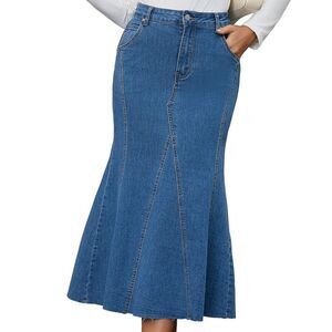 Women's Fishtail Jean Skirt High Waist Stretchy Fit and Flare Midi Denim Skirts